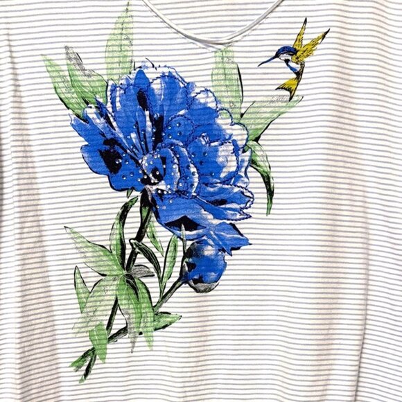 Laura Scott Womens XL Blue Striped Floral Hummingbird V-Neck Tee Short Sleeve Ca - Picture 3 of 6